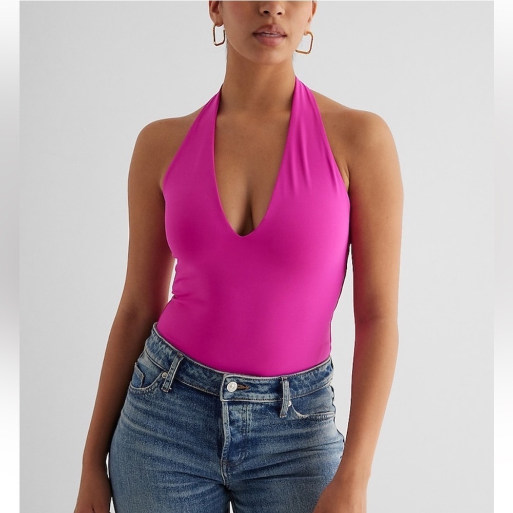 NWT  Express Body Contour High Compression Deep
V-Neck Halter Bodysuit Neon